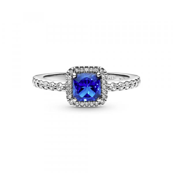Blue Square Sparkle Halo Ring 