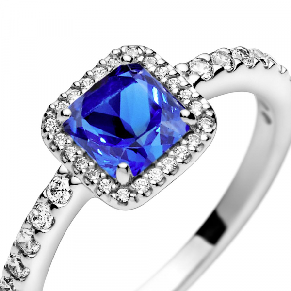 Blue Square Sparkle Halo Ring 