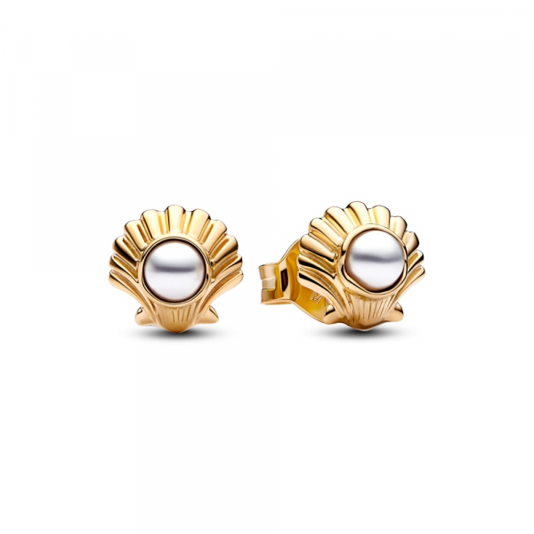 Disney The Little Mermaid seashell 14k gold-plated stud earrings with white lacquered artificial pearl 