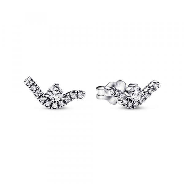 Wave sterling silver stud earrings with clear cubic zirconia 
