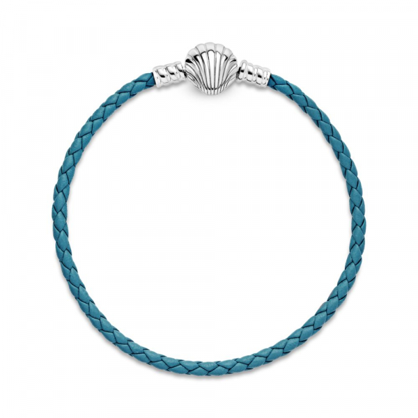 Pandora Moments Seashell Clasp Turquoise Braided Leather Bracelet 