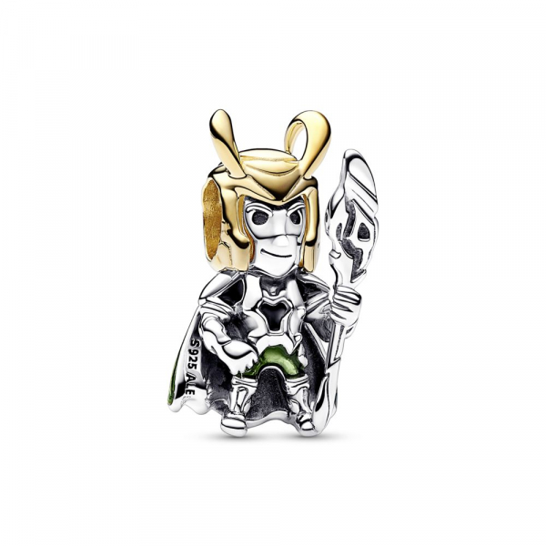 Privezak Marvel Loki od čistog srebra  sa 14k pozlatom sa providnim zelenim i crnim emajlom 