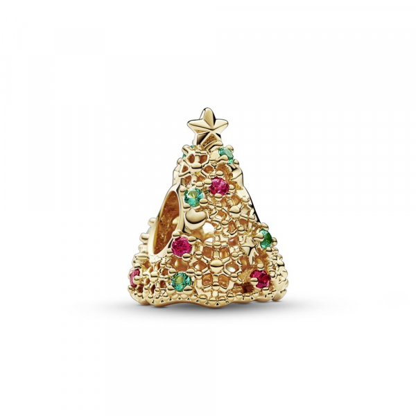 Christmas tree 14k gold-plated charm with aqua green crystal and red cubic zirconia 