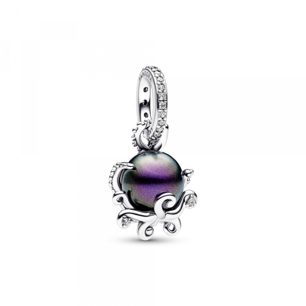 Disney The Little Mermaid octupus sterling silver dangle with purple lacquered artificial pearl and clear cubic zirconia 