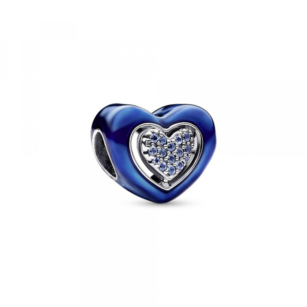 Privezak rotirajuće srce od čistog srebra sa noćno plavim kristalom i providnim plavim emajlom 
