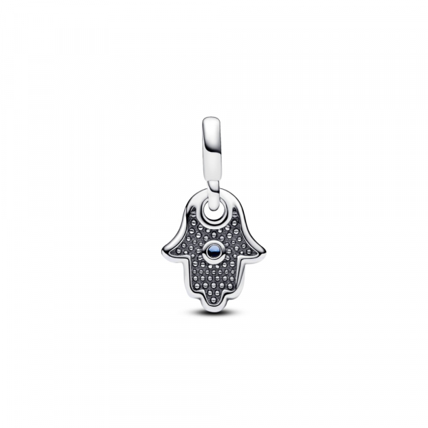 Hamsa hand sterling silver mini dangle with stellar blue crystal and black enamel 