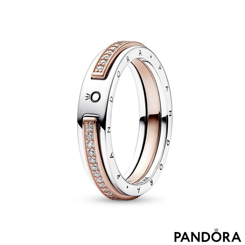 Srebrni Pandora logo prsten sa 14k roze pozlatom i prozirnim kockastim cirkonima 