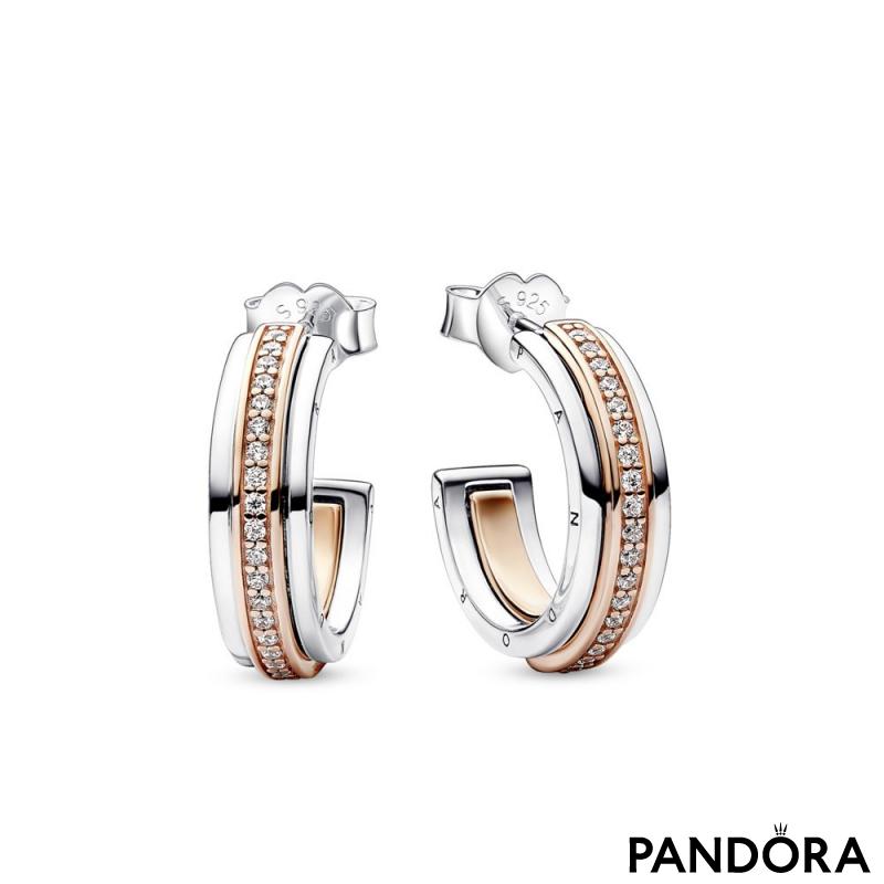 Pandora Signature Two tone Logo & Pavé Hoop Earrings 