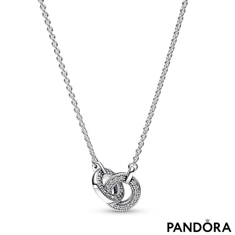 Ogrlica od čistog srebra Pandora logo isprepletani krug sa prozirnim kockastim cirkonima 