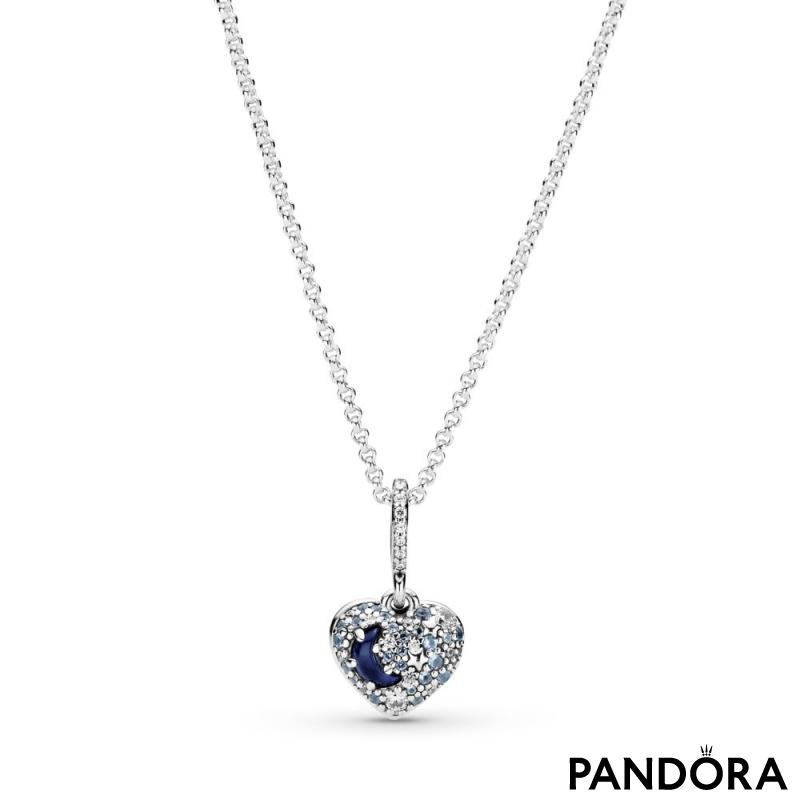 Sparkling Blue Moon & Stars Heart Necklace 