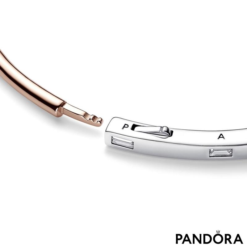 Bangle Pandora logo narukvicar od čistog srebra sa 14k roze pozlatom i prozirnim kockastim cirkonima 