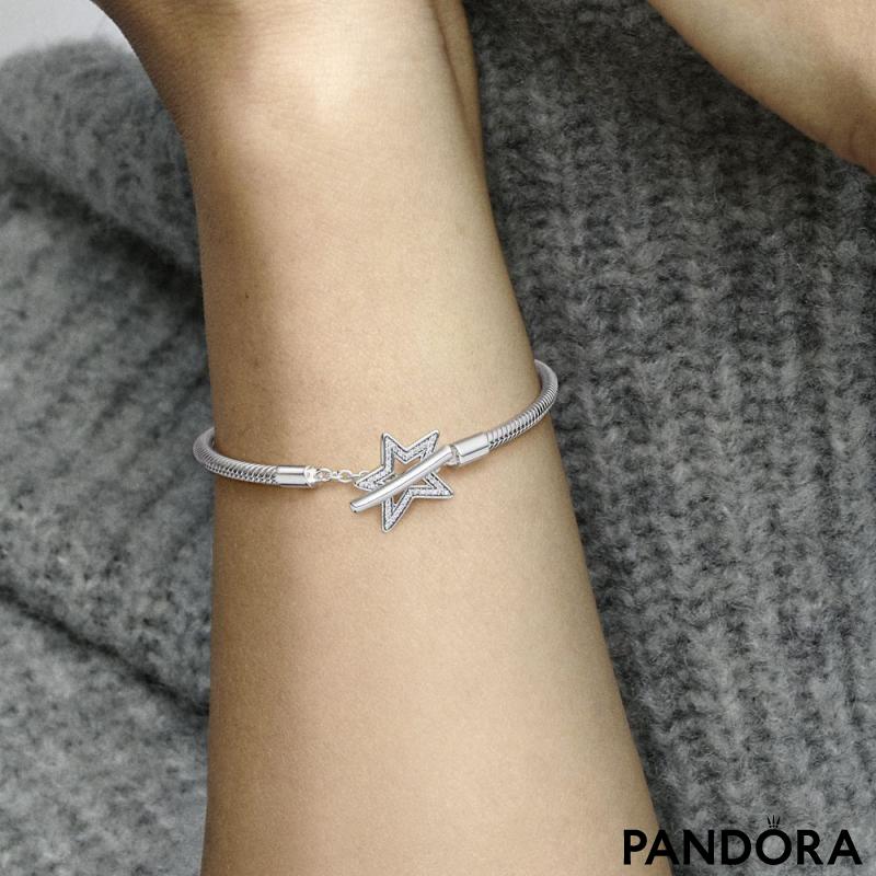 Snake chain sterling silver star toggle bracelet with clear cubic zirconia 