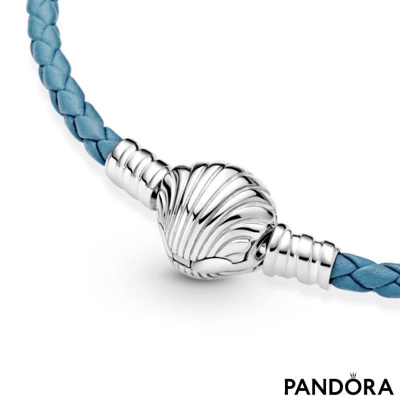 Pandora Moments Seashell Clasp Turquoise Braided Leather Bracelet 