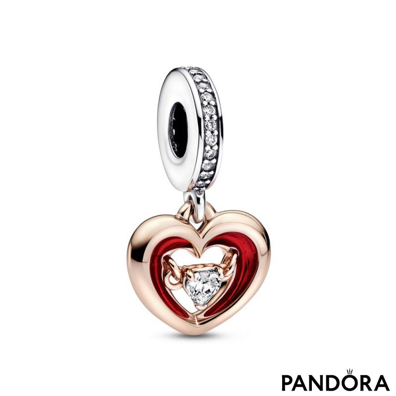 Open heart sterling silver and 14k rose gold-plated dangle with clear cubic zirconia and red enamel 