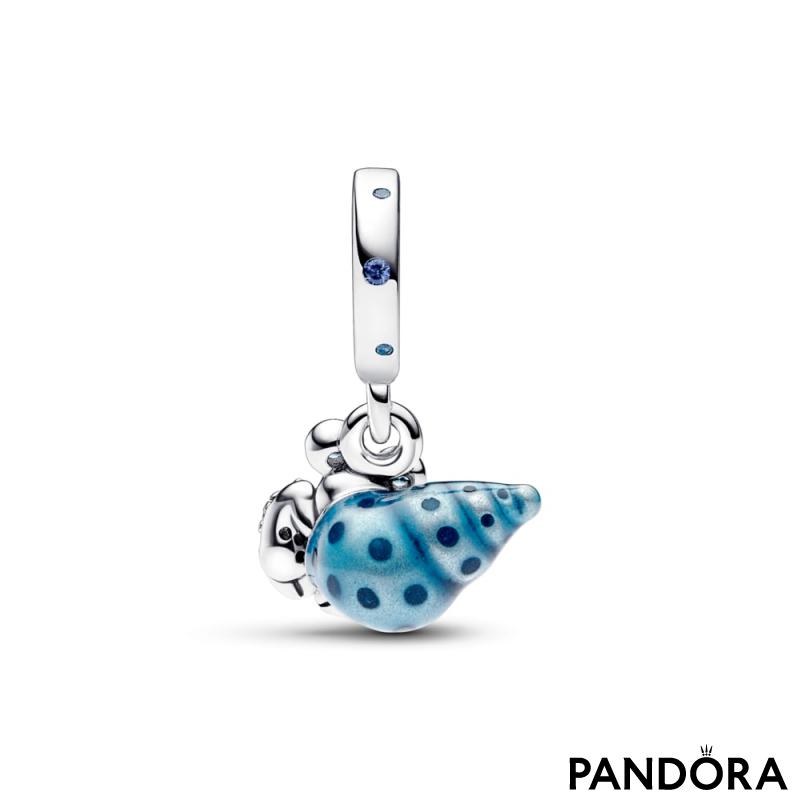 Hermit crab sterling silver dangle with stellar blue, icy green crystal, clear cubic zirconia and blue glow-in-the-dark ena 