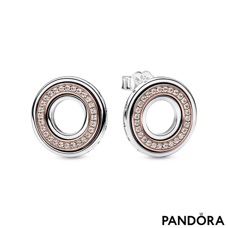 Neviseće minđuše Pandora logo od čistog srebra sa 14k roze pozlatom i prozirnim kockastim cirkonima 