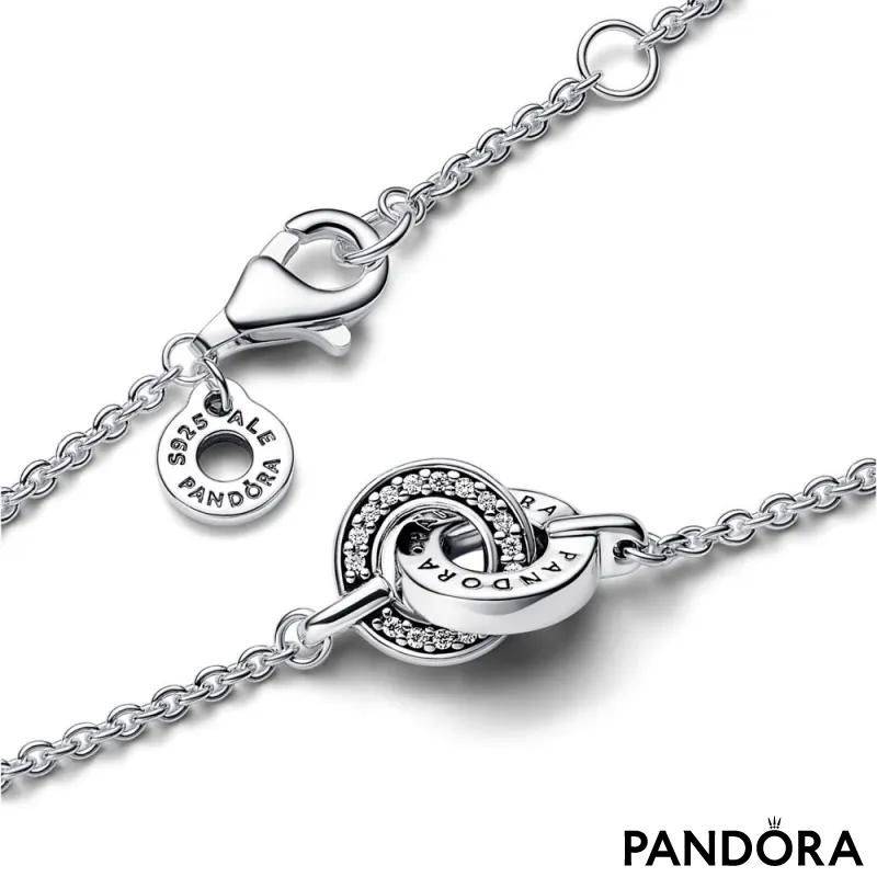 Narukvica Pandora logo sa  isprepletanmi krugom od čistog srebra i prozirnih kockastih cirkona 